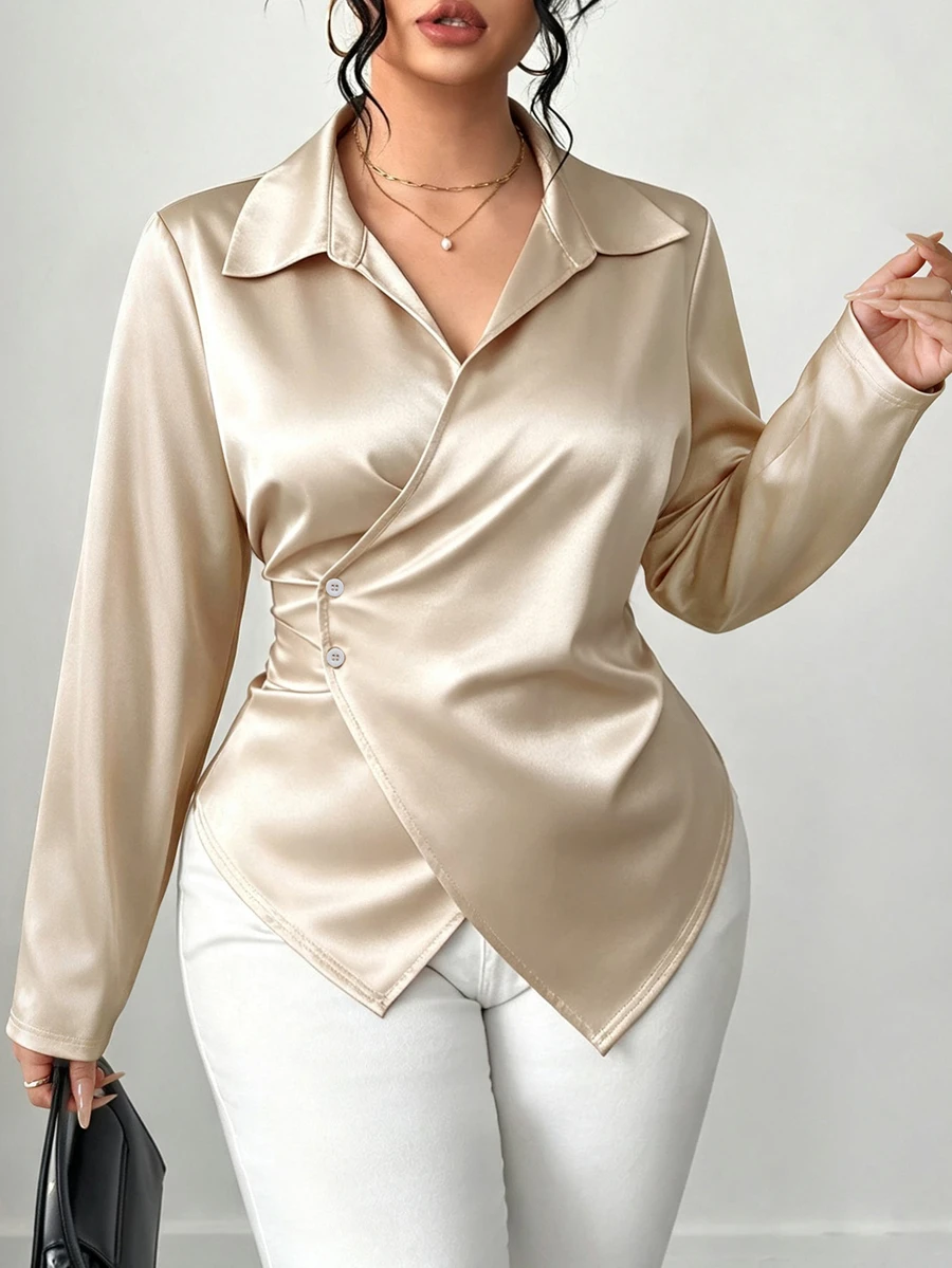 Elenzga Plus Size Women's Asymmetrical Hem Stud Button Tie Satin Fabric Elegant Commuter Blouse, Autumn/Winter Fall - Apricot - View 1