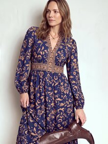 Dayvera Women's V-Neck All-Over Print Casual Party Long Dress - Blue - View 5