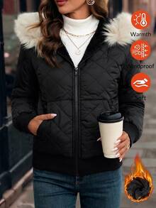 SHEIN Clasi Hooded Padded Fleece Lined Padded Coat, Comfortable And Warm, Winter Coat - Black - View 2