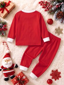 2pcs Baby Boy Baby Girl Baby Boy Color Block Santa Claus Pattern Knitted Soft Crew Neck Long Sleeve Pullover Top Elastic Waist Long Pants Suitable For Christmas - Multicolor - View 2