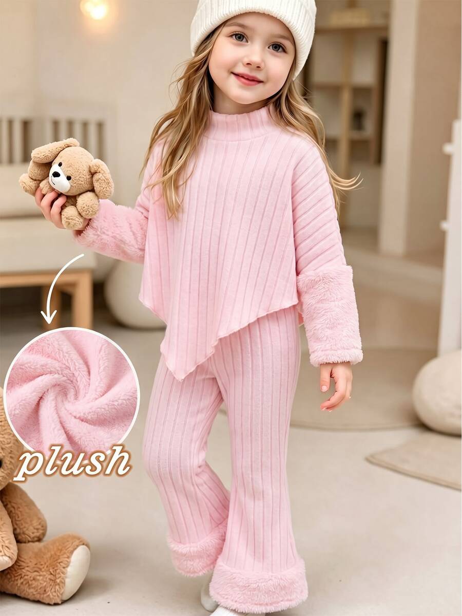 SHEIN Elladie kids 幼童女童紅色羅紋高領兩件套,高領長袖不對稱上衣搭配紅色人造毛領袖口,附配套羅紋下裝 - 粉色 - 查看 1