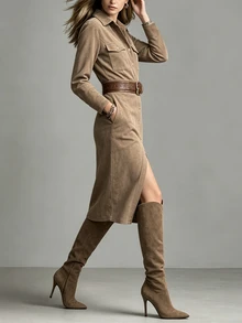 SHEIN Gaun Wanita Panjang Sedang Warna Polos Bahan Suede dengan Saku Tempel, Kasual, Serbaguna untuk Perjalanan Musim Gugur/Dingin - Khaki - View 5