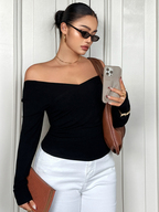 Dazy Plus Sexy Fitted Off-Shoulder Long Sleeve Black T-Shirt