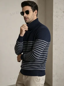 Manfinity CasualKnits 男士條紋高領長袖休閒百搭毛衣 - 彩色 - 查看 3