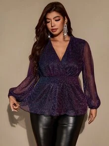 Auvina Plus Size Women's Overlap V-Neck Long Sleeve Cinched Waist A-Line Elegant Party Blouse Top - Purple - View 1