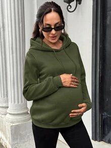 SHEIN 孕婦純色長袖休閒抽繩連帽哺乳衛衣 冬季 - 軍綠色 - 查看 3