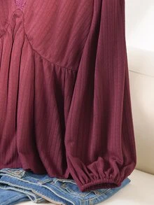 CosyJoli Plus Size Women Solid Color Contrast Lace V-Neck Long Sleeve T-Shirt - Burgundy - View 5