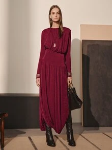 MOTF PREMIUM FASHIONABLE ASYMMETRIC HEMLINE FLARED DESIGN KNITTED TEXTURE AUTUMN/WINTER LONG DRESS - Burgundy - View 1