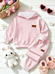 女童 2 件組休閒時尚春秋冬連帽衫與運動長褲套裝，甜美粉色豹紋滿版設計，彈性柔軟面料，適合戶外休閒穿著、返校、派對、戶外野餐、街拍、校園、假期 - 粉色 - 查看 5