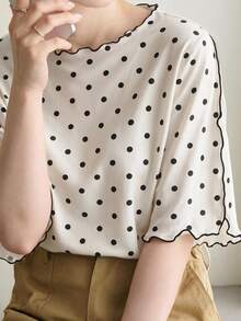 Dazy Plus Colorblock Patchwork Loose Casual Short Sleeve Polka Dot Versatile Spring Summer New T-Shirt - Apricot - View 1