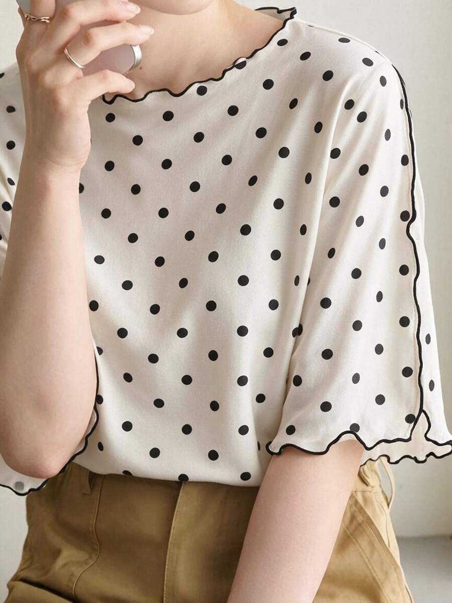 Dazy Plus Colorblock Patchwork Loose Casual Short Sleeve Polka Dot Versatile Spring Summer New T-Shirt - Apricot - View 1