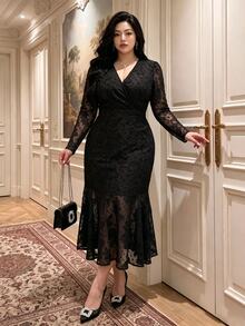 Vibekara Elegant French Style V-Neck Jacquard Fish Tail Hem Long Sleeve Plus Size Women's Dress For Early Autumn Commute And Party Fall - Black - View 2