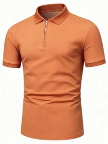 Manfinity Homme 男士純色短袖拉鍊設計休閒 Polo 衫 - 珊瑚橙 - 查看 5