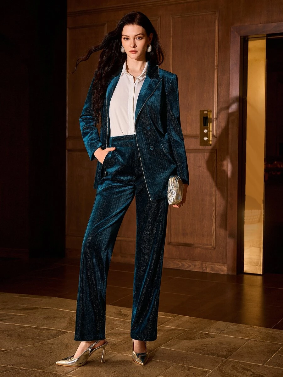 MOTF PREMIUM WOMEN'S BLUE SHINY VELVET ANKLE-LENGTH COMMUTER SUIT PANTS WITH RHINESTONE TRIM - Purple - View 1