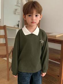 Dazy Kids 兒童秋季男孩小號休閒版型字母印花日系森系T恤 - 墨綠色 - 查看 4