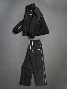 Manfinity Roghcode Y2K Contrast Stitching 2 Pieces Sports Set, Loose Zip-Up Jacket + Wide Leg Pants, Letter Embroidery Streetwear Daily Outfit - Black - View 3