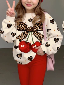 少女休閒可愛愛心豹紋蝴蝶結櫻桃美式復古紅色寬鬆圓領長袖衛衣＋喇叭褲兩件套，抓絨內裡，適合秋冬，秋季新款，Kawaii，舒適保暖 - 彩色 - 查看 3