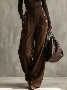 LUMIGAL Women's Brown Corduroy Button Decor High Waist Long Pants - Coffee Brown - View 1