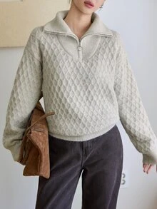 Dazy-Less Women's Autumn/Winter Apricot Round Neck Long Sleeve Cable Knit Fitted Ribbed Casual Sweater - Apricot - View 4