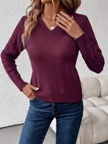 SHEIN Clasi 女款V領長袖針織衫，秋冬長袖上衣 - 中紫紅色 - 查看 5
