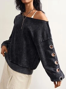 Bohemela Women's Fashion Streetwear Asymmetrical Shoulder Eyelet Sweatshirt - Black - View 4