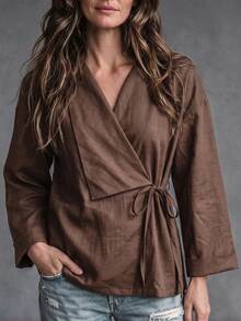 Hansera Middle-Aged Women Casual Tie-Front Shirt For Daily Wear - Brown - View 1