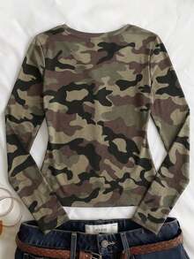 Teen Girl Vintage Street Rock Gothic Style Camouflage Pattern, Casual Minimalist Slim Fit Round Neck Long Sleeve Base Layer T-Shirt, Suitable For Autumn/Winter, Street Vibe - Multicolor - View 1