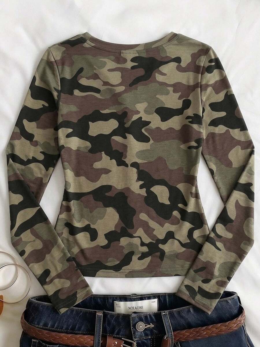 Teen Girl Vintage Street Rock Gothic Style Camouflage Pattern, Casual Minimalist Slim Fit Round Neck Long Sleeve Base Layer T-Shirt, Suitable For Autumn/Winter, Street Vibe - Multicolor - View 1
