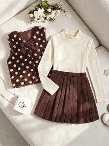 Tween Girls' Fuzzy Vest, Long Sleeve, Fleece, Ribbed Stand Collar Top And Pleated Skirt 3 Pieces Casual Set, Autumn/Winter - Multicolor - View 3