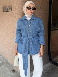 DAZY Women's Dropped Shoulder Long Sleeve Single-Breasted Waist Tie Casual Denim Jacket - Blue - View 7