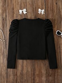 SHEIN 青少年女孩長袖上衣，黑色純色修身領口上衣，可愛優雅休閒時尚，適合夏季校園正式場合與秋季開學 - 黑色 - 查看 2