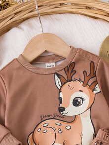 SHEIN 新生兒卡通圖案長袖上衣與長褲休閒日常套裝 - 棕色 - 查看 6