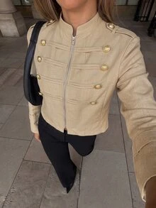 Siren Gaze Chaqueta corta elegante para mujer con botones militares dorados para uso casual de oficina con estilo, Chaqueta Napoleón/Militar, Prenda de abrigo de otoño - Albaricoque - Ver 3
