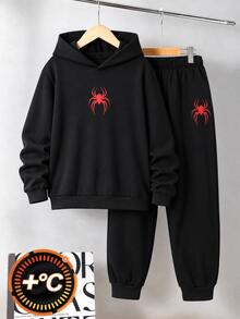 青少年男孩抓絨連帽衛衣運動服套裝 休閒冬季街頭風紅色蜘蛛圖案套裝 - 黑色 - 查看 5