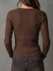 New Women's Fashion Casual Versatile Ribbed Silver Glitter Round Neck Long Sleeve T-Shirt - Brown - View 2