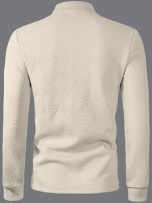 Calvornis 1pc Men Solid Color Plain Front Button Long Sleeve Simple Collar Polo Formal Shirt, Casual Everyday Wear, For Work, For Husband, For Fall, Ceremony - Apricot - View 2