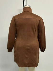 Linhara CURVE Plus Size Women Brown Maillard Retro Stand Collar Deep V Half Placket Suede Long Sleeve Mini Dress, Puff Shoulder Casual Daily Commute Versatile Dress - Brown - View 5