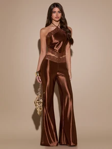 SHEIN BAE Spring/Summer Brown Spaghetti Strap Lace Backless Camisole 2 Pieces Set, Cropped Triangle Top & High-Waisted Flared Long Pants, Soft & Sexy Date Casual Outfit - Brown - View 6