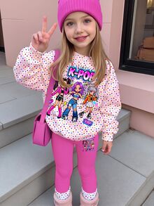 兒童小女孩可愛卡通女孩印花，彩色波點圓領長袖運動衫與內搭褲套裝 - 彩色 - 查看 3
