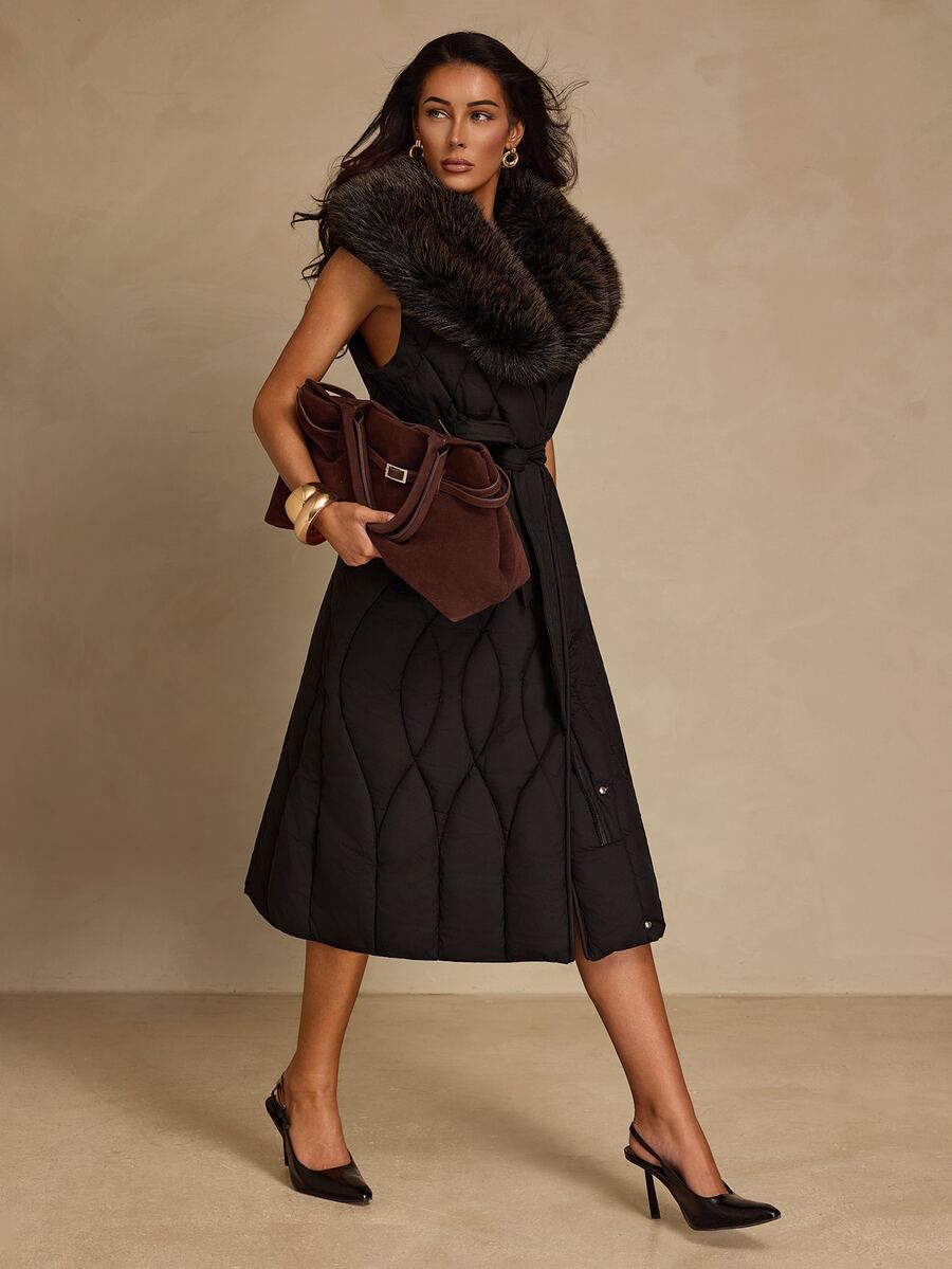 Glamine Winter Black Long Vest Coat With Large Fur Collar And Waist Tie Night Elegant - Black - View 1