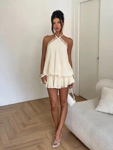 Aloruh 女款優雅淡黃色掛脖綁帶迷你洋裝，適合約會、度假、夏季、畢業典禮、生日洋裝 - 米色 - 查看 4