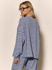 MUSERA Stripe Drop Shoulder Oversized Long Sleeve Button Neck - Blue and White - View 2