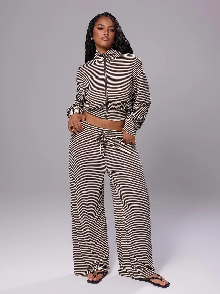 Rustia Plus Size Women's Autumn/Winter Stand Collar Open Front Zipper Striped Contrast Color Long Sleeve Knit Elastic Elegant French Casual Vacation Home Sports Brown Coffee 2 Pieces Set - Multicolor - View 1