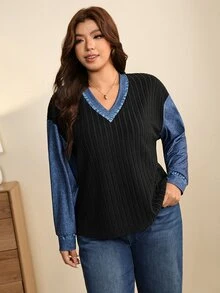Edennvi Plus Size Women's Spring/Autumn V-Neck Denim Patchwork Ribbed Knit Long Sleeve Top, Loose Fit, Flattering, Casual Colorblock Pullover Blouse - Multicolor - View 5