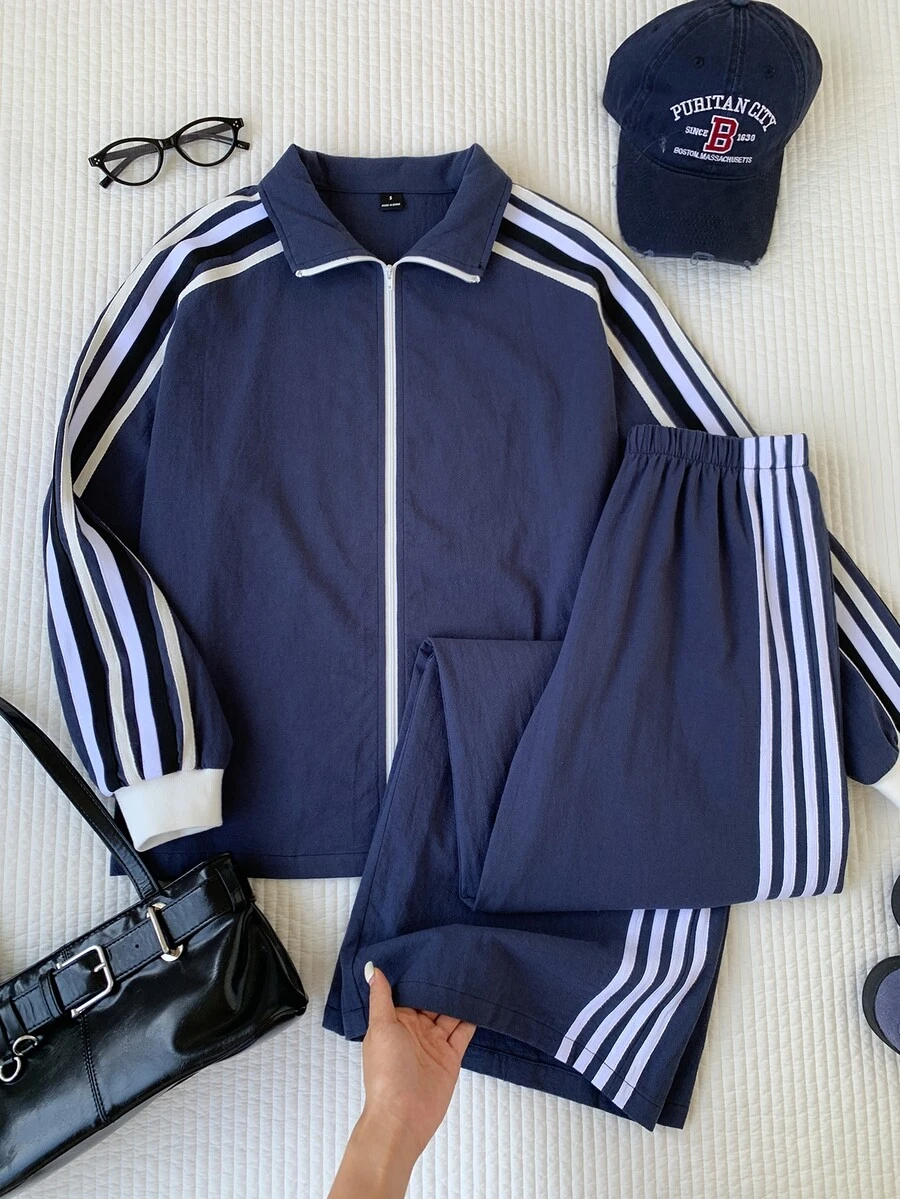 Comfortcana Setelan Kasual 2 Potong Wanita dengan Jaket dan Celana Bergaris Samping dan Resleting - Navy Blue - View 1