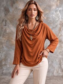 Ceyna Plus Size Solid Color Casual Minimalist Cowl Neck Loose Long Sleeve Shirt - Orange - View 4