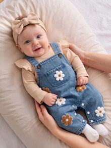 SHEIN 2pcs/Set Baby Girl Korean Style Fresh Floral Embroidered Denim Overalls Set, Flutter Sleeve Ribbed Long Sleeve T-Shirt, Exquisite Embroidery, Winter - Yellow - View 9