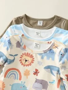 SHEIN 6件組嬰兒男童女童秋冬條紋卡通圖案針織軟綿圓領長袖套頭上衣＋鬆緊腰長褲，百搭舒適 - 彩色 - 查看 4