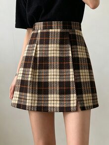 SHEIN Franclia Women's Autumn Plaid Fashion Commute Office College Style Warm Short Skirt - Brown - View 3