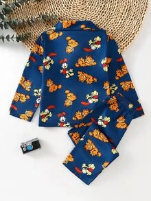 GARFIELD | SHEIN 「Coffee Cat」男童 2 件組咖啡貓元素圖案滿版印花長袖上衣與長褲睡衣套裝，時尚經典基礎休閒酷感居家服，長袖長褲翻領鈕扣開襟阻燃家居服，家庭聖誕睡眠禮物 - 藏蓝色 - 查看 2